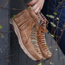 Tassel Stitching Colorful Stripe Outdoor Slip Resistant Ankle Boots