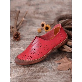 Women Cow Split Leather Hollow Out Breathable Soft Non Slip Women\'s Casual Loafers