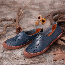 Women Cow Split Leather Hollow Out Breathable Soft Non Slip Women\'s Casual Loafers
