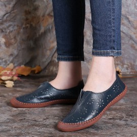 Women Cow Split Leather Hollow Out Breathable Soft Non Slip Women\'s Casual Loafers