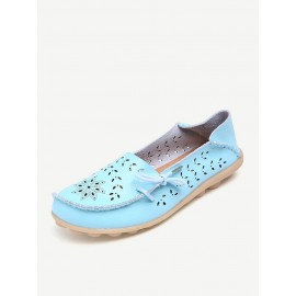 Big Size Leather Hollow Out Floral Breathable Soft Comfy Lace Up Flat Shoes