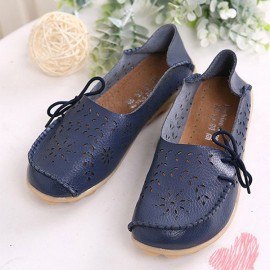 Big Size Leather Hollow Out Floral Breathable Soft Comfy Lace Up Flat Shoes