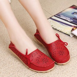 Big Size Leather Hollow Out Floral Breathable Soft Comfy Lace Up Flat Shoes
