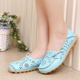 Big Size Leather Hollow Out Floral Breathable Soft Comfy Lace Up Flat Shoes