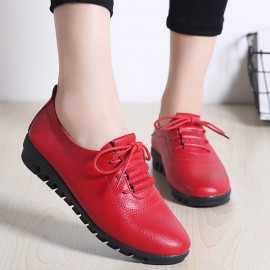 Women Lace-up Leather Solid Color Soft Sole Flat Shoes