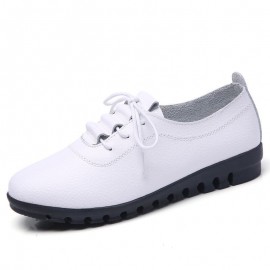 Women Lace-up Leather Solid Color Soft Sole Flat Shoes