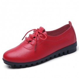 Women Lace-up Leather Solid Color Soft Sole Flat Shoes