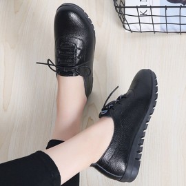 Women Lace-up Leather Solid Color Soft Sole Flat Shoes