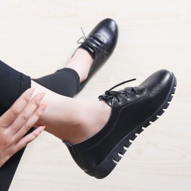 Women Lace-up Leather Solid Color Soft Sole Flat Shoes