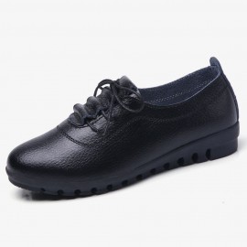 Women Lace-up Leather Solid Color Soft Sole Flat Shoes