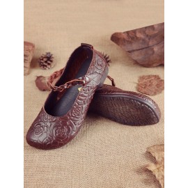 Women Retro Ethnic Soft Comfy Genuine Leather Handmade Woven Hook & Loop Mary Jane Printed Flats