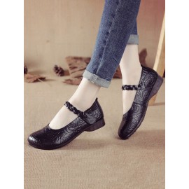 Women Retro Ethnic Soft Comfy Genuine Leather Handmade Woven Hook & Loop Mary Jane Printed Flats