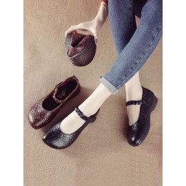 Women Retro Ethnic Soft Comfy Genuine Leather Handmade Woven Hook & Loop Mary Jane Printed Flats