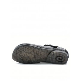 Women Retro Ethnic Soft Comfy Genuine Leather Handmade Woven Hook & Loop Mary Jane Printed Flats