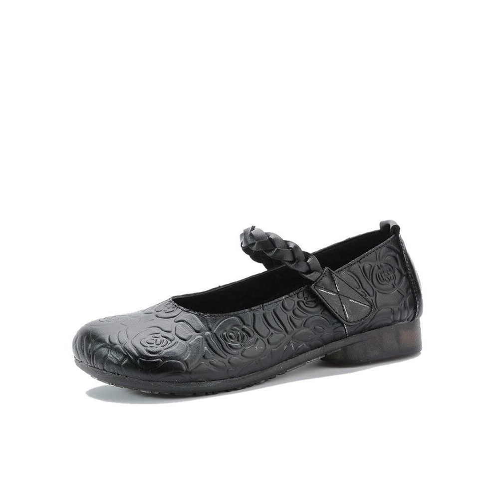 Women Retro Ethnic Soft Comfy Genuine Leather Handmade Woven Hook & Loop Mary Jane Printed Flats