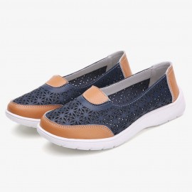 Women Hollow Leather Slip On Solid color Soft Sole Flats Shoes