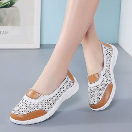 Women Hollow Leather Slip On Solid color Soft Sole Flats Shoes