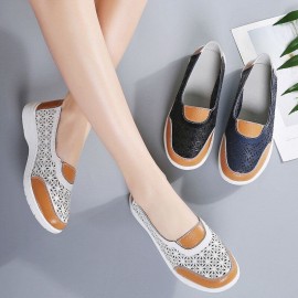 Women Hollow Leather Slip On Solid color Soft Sole Flats Shoes