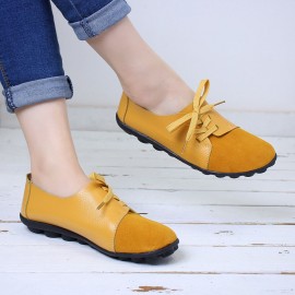 Large Size Women Casual Soft Lightweight Splicing Leather Lace Up Flats Loafers