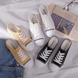 Women Canvas Slip Resistant Half Drag Flat Slip On Casual Shoes