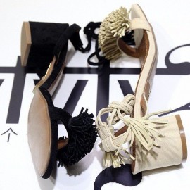 Tassel Vintage Retro Chic Lace Up Peep Toe Square Heel Sandals