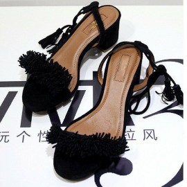 Tassel Vintage Retro Chic Lace Up Peep Toe Square Heel Sandals