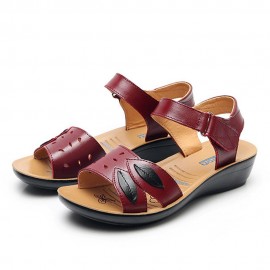 Women Comfy Leather Hollow Hook Loop Wedges Sandals