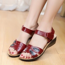 Women Comfy Leather Hollow Hook Loop Wedges Sandals
