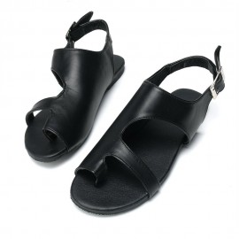Plus Size Women Casual Clip Toe Hollow Black Buckle Flat Sandals