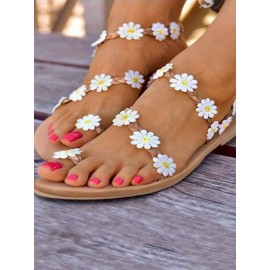 Women Braided Strap Flowers Decor Comfy Clip Toe Beach Sandals