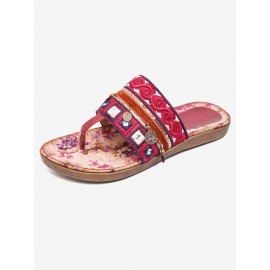 Beaded Flip Flops Flower Printing  Clip Toe Beach Sandals