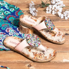 Beaded Flip Flops Flower Printing  Clip Toe Beach Sandals