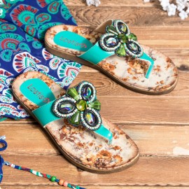 Beaded Flip Flops Flower Printing  Clip Toe Beach Sandals