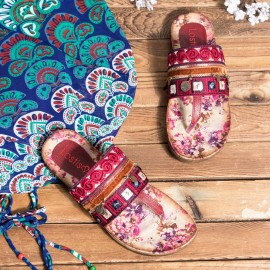 Beaded Flip Flops Flower Printing  Clip Toe Beach Sandals