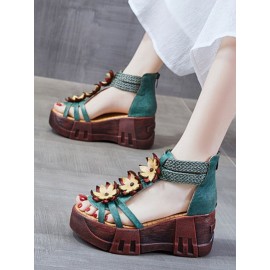 Leather Cozy Bohemia Floral Open Toe Back Zip Platform Sandals