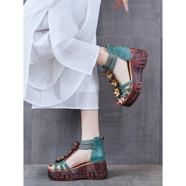 Leather Cozy Bohemia Floral Open Toe Back Zip Platform Sandals