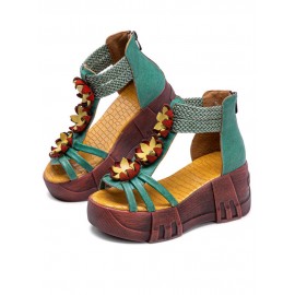 Leather Cozy Bohemia Floral Open Toe Back Zip Platform Sandals