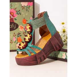 Leather Cozy Bohemia Floral Open Toe Back Zip Platform Sandals