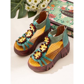 Leather Cozy Bohemia Floral Open Toe Back Zip Platform Sandals