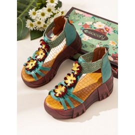 Leather Cozy Bohemia Floral Open Toe Back Zip Platform Sandals