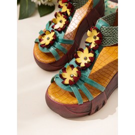 Leather Cozy Bohemia Floral Open Toe Back Zip Platform Sandals