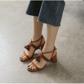 Tassel Woven Block Peep Toe Solid Buckle Strap Sandals