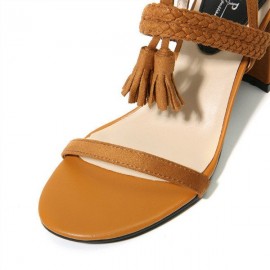 Tassel Woven Block Peep Toe Solid Buckle Strap Sandals