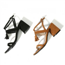 Tassel Woven Block Peep Toe Solid Buckle Strap Sandals