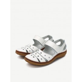 Leather Hollow Out Hook Loop Casual Flat Sandals For Women