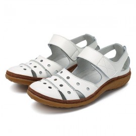 Leather Hollow Out Hook Loop Casual Flat Sandals For Women