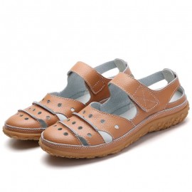 Leather Hollow Out Hook Loop Casual Flat Sandals For Women