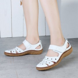 Leather Hollow Out Hook Loop Casual Flat Sandals For Women