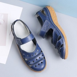 Leather Hollow Out Hook Loop Casual Flat Sandals For Women