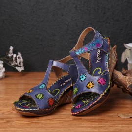 Leather Bohemian Cutout Flower Pattern Hook Loop Open Toe Casual Comfy Wedge Sandals